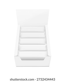 Mostrar la maqueta en blanco de la caja con el empaquetado del flujo establecido para la comida. Ilustración vectorial sobre fondo blanco. Listo para su diseño. EPS10.