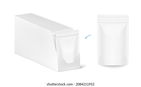 Show box with pouch pack packaging mockups for food, pet, cosmetic or hygiene. Vector illustration on white background. Ready for your design. EPS10.	