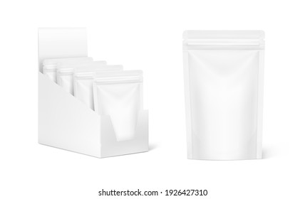 Show box with pouch toy pack packaging mockups for food, cosmetic and hygiene. Vector illustration on white background. Ready for your design. EPS10.	