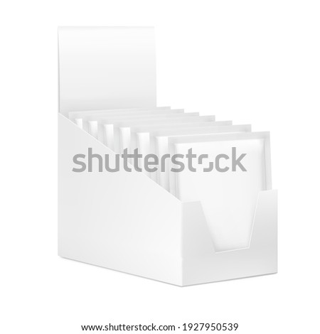 Show box with sachet packaging mockups for food, cosmetic and hygiene. Vector illustration on white background. Ready for your design. EPS10.	