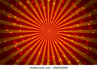 Show, circus poster. Red burst background with stars. Sunlight rays background. Vector Christmas poster. Sun beam ray sunburst pattern. 