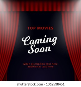 Show coming soon poster promotion vector design. Opened theater stage curtain background with two spotlight illustration.