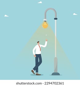 Show creativity and use intellect and wisdom to solve business problems, the thought process and imagination, gaining new knowledge, a brilliant idea to achieve goals, man thinks under a street lamp.