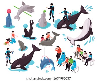 Mostrar en delfinario conjunto isométrico con personajes adultos y niños mirando a delfín de foca realizar ejercicios aislados ilustraciones vectoriales