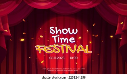 Show or festival announcement banner template. Vector cartoon illustration of closed red drapery curtains on theater or concert hall stage, golden confetti flying in air, text illuminated by spotlight