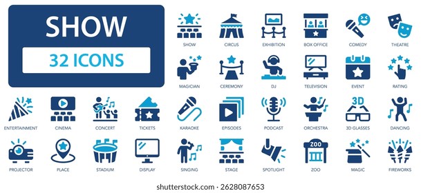 Show flat icons collection. Circus, exhibition, event, tickets, place, cinema, concert, ceremony, zoo, stadium sign set.