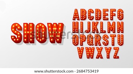 Show font collection. Retro 3d letters with light bulbs. Vintage red letters full alphabet. Casino style text. Vector illustration.