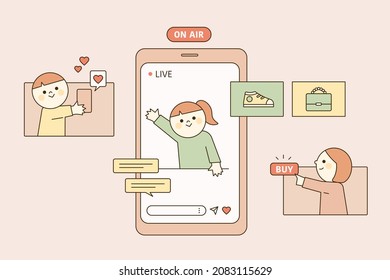 The show host on the mobile screen is explaining the product. People are sending reviews. flat design style vector illustration.