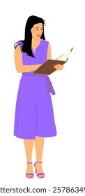 Show host woman speaking on election event vector  illustration. Head announces present news. Announcement of the program. Public speaker lady event presenter standing on stage and reading papers. 