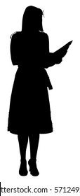 Show Host Woman Speaking On Election Event Vector Silhouette. Head Announces Present News. Announcement Of The Program. Public Speaker Lady Event Presenter Standing On Stage And Reading Papers. 