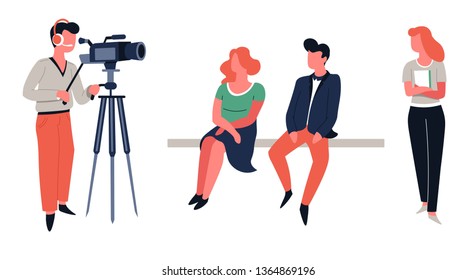 Show hosts and cameraman TV show shooting or filming vector girl and guy sitting on bench screenwriter and operator television program broadcasting backstage video camera and woman with scenario.