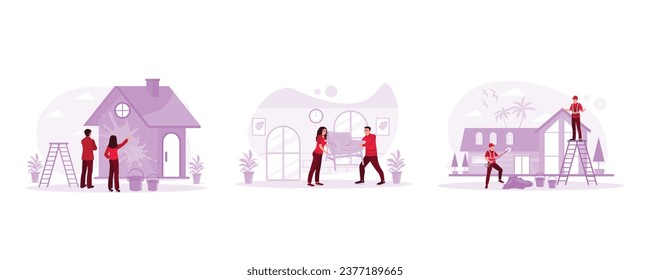 Show the house that will be renovated to the contractor. Young couple renovating their new house. Renovate the house. Home Renovation concept. Set Trend Modern vector flat illustration