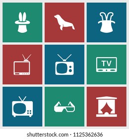 Show icon. collection of 9 show filled icons such as seal, magic hat, tv, 3d glasses. editable show icons for web and mobile.