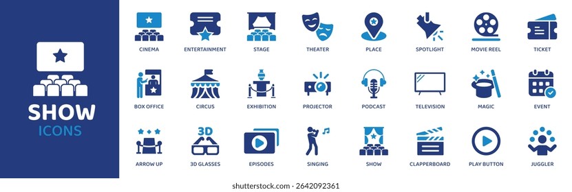 Show - Icon Collection. Thin Line Set contains such Icons as Show, Stage, Curtain, Actor, Screen, Play, Theater and more. Simple web icons set.