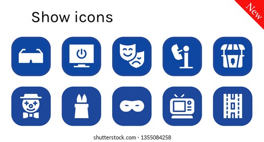 show icon set. 10 filled show icons.  Collection Of - 3d glasses, Television, Theatre, Amusement park, Stand, Clown, Magic, Mask, Tv, Strip