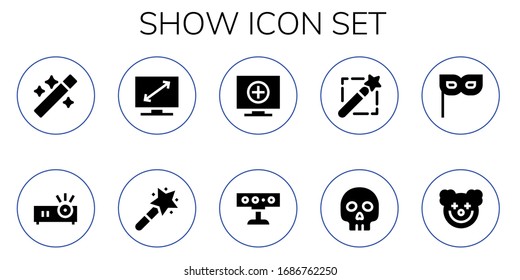 show icon set. 10 filled show icons. Included Wand, Projector, Television, Magic wand, Spotlight, Yorick, Mask, Clown icons
