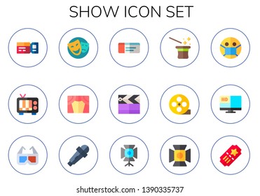 show icon set. 15 flat show icons.  Simple modern icons about  - ticket, television, theater, stage, clapperboard, magician, film, mask, d glasses, karaoke, spotlight