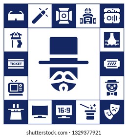 show icon set. 17 filled show icons.  Simple modern icons about  - 3d glasses, Slide, Ticket, Magician, Tv, Stage, Clown, Magic hat, Magic, Television, Spotlight, Theater