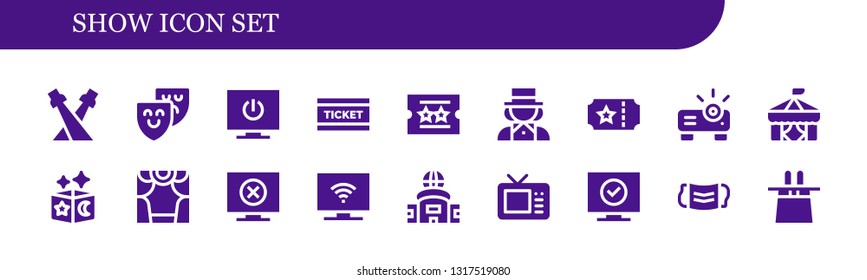 show icon set. 18 filled show icons.  Collection Of - Spotlight, Theater, Television, Ticket, Magician, Projector, Circus, Magic, Mask, Magic hat