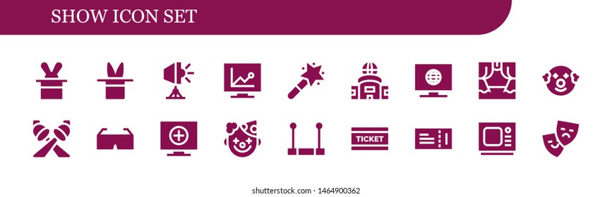 show icon set. 18 filled show icons.  Simple modern icons about  - Magician, Magic, Spotlight, Television, Magic wand, Scene, Clown, 3d glasses, Trapeze, Ticket, Old tv, Theater