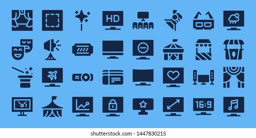 show icon set. 32 filled show icons. on blue background style Collection Of - Scene, Theatre, Magician, Display, Marquee, Spotlight, Television, Circus, Wand, Ticket, Projector