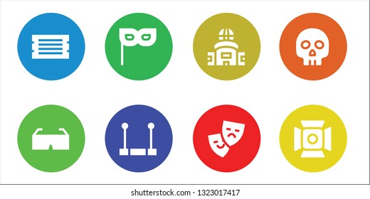 show icon set. 8 filled show icons.  Simple modern icons about  - Ticket, 3d glasses, Mask, Trapeze, Television, Theater, Yorick, Spotlight