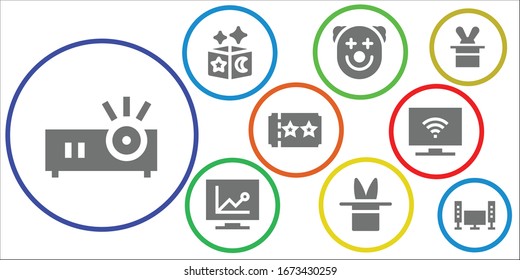 show icon set. 9 filled show icons.  Simple modern icons such as: Projector, Magic, Clown, Television, Ticket, Magician