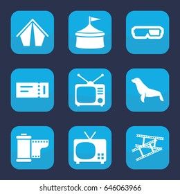 Show icon. set of 9 filled show icons such as seal, ticket, tv, camera tape, tv, circus, 3d glasses
