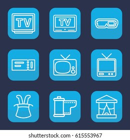 Show icon. set of 9 outline show icons such as ticket, TV, camera tape, magic hat, 3d glasses