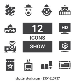 show icon set. Collection of 12 filled show icons included Whiteboard, Magic trick, Television, Ticket, Projector, Clown, Theater, Dome, Slide