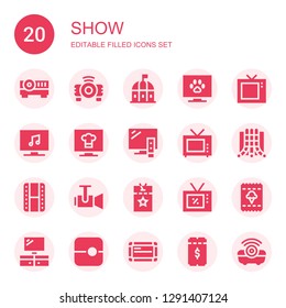 show icon set. Collection of 20 filled show icons included Projector, Theatre, Television, Slide, Cinema, Vip pass, Ticket, Whiteboard