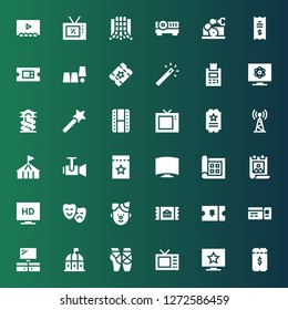 show icon set. Collection of 36 filled show icons included Ticket, Television, Ballet, Theatre, Clown, Theater, Poster, Display, Projector, Circus, Tv, Cinema, Magic wand, Slide