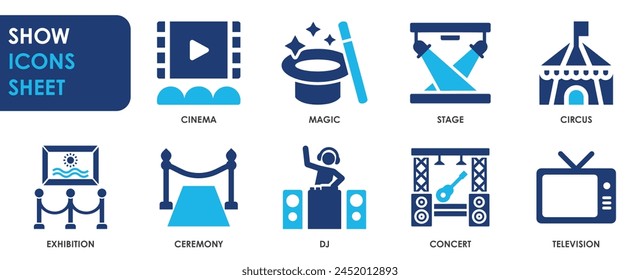 Show icon set. Containing entertainment, stage, spotlight, cinema and so on. Flat entertainment related icons set.