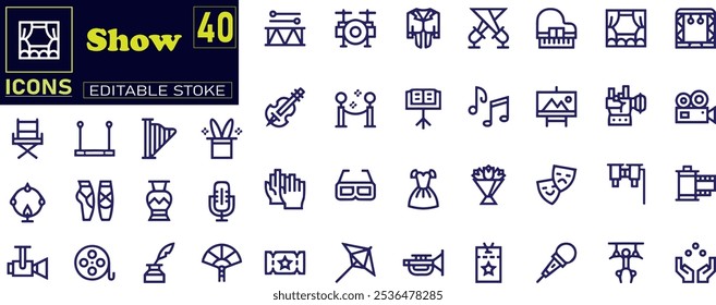 Show icon set. Containing entertainment, stage, spotlight, cinema, ticket, theater icons .