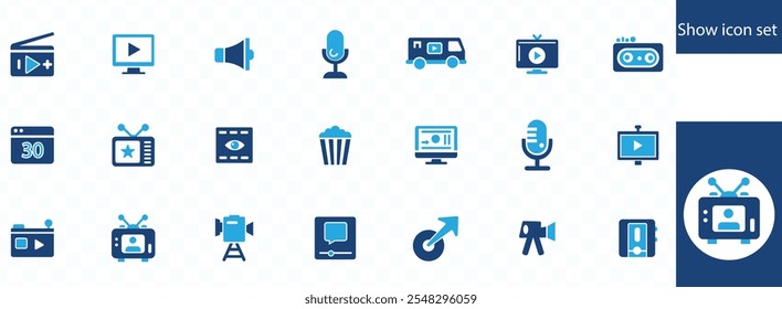 Show icon set. Containing entertainment, stage, spotlight, cinema, ticket, theater, magician, concert, event, circus and more. Solid vector icons