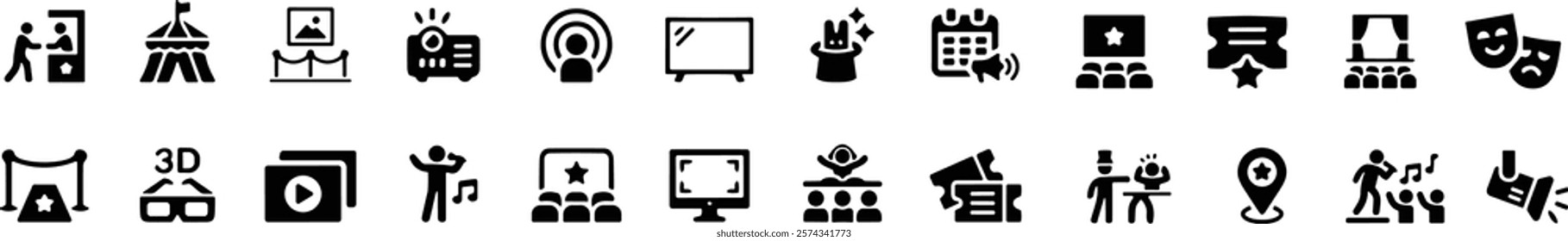 Show icon set. Containing entertainment, stage, spotlight, cinema, ticket, theater, magician, concert, event, circus