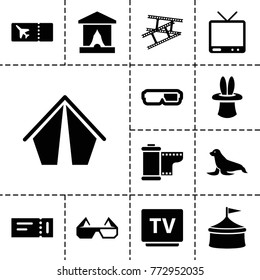 Show icons. set of 13 editable filled show icons such as ticket, circus, 3d glasses, stage, tent, tv, camera tape, seal