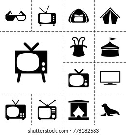 Show icons. set of 13 editable filled show icons such as magic hat, tv, circus, tent, tv, seal, 3d glasses