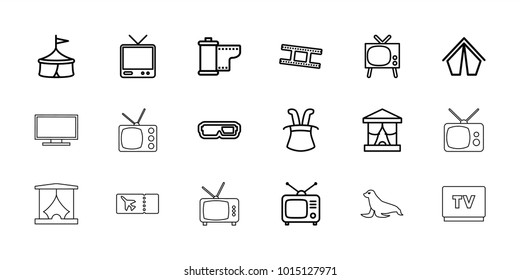 Show icons. set of 18 editable outline show icons: magic hat, circus, 3d glasses, stage, tent, tv, tv, camera tape, ticket