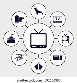 show icons set. Set of 9 show filled icons such as seal, ticket, TV, camera tape, circus
