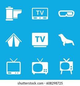 Show icons set. set of 9 show filled icons such as seal, TV, camera tape, 3d glasses