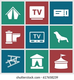 Show icons set. set of 9 show filled icons such as seal, ticket, TV, camera tape, circus, stage