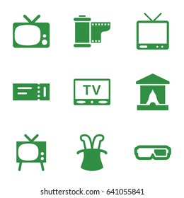 Show icons set. set of 9 show filled icons such as ticket, tv, camera tape, magic hat, 3d glasses