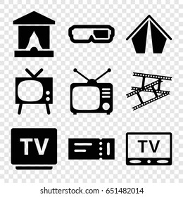 Show icons set. set of 9 show filled icons such as ticket, tv, tv, camera tape, 3d glasses, stage