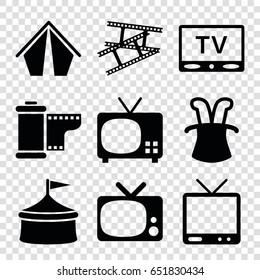 Show icons set. set of 9 show filled icons such as tv, camera tape, magic hat, circus