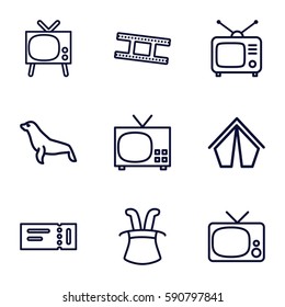 show icons set. Set of 9 show outline icons such as ticket, seal, Tv, camera tape, tent, TV