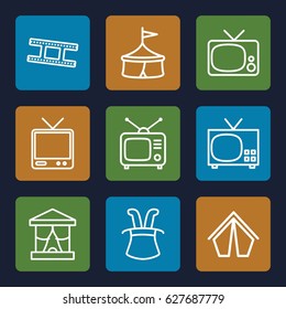 Show icons set. set of 9 show outline icons such as Tv, TV, camera tape, tent, magic hat, circus