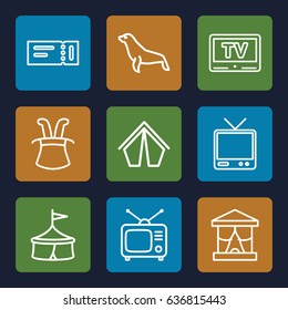 Show icons set. set of 9 show outline icons such as ticket, seal, tv, tv, tent, magic hat, circus