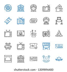 show icons set. Collection of show with air force, clown, ticket, night club, stage, magic trick, exhibition, television, poster, wizard, tv. Editable and scalable show icons.