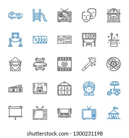 show icons set. Collection of show with circus, television, home cinema, projector, stand, seer, poster, ticket, film, magic wand, wizard, magician. Editable and scalable show icons.